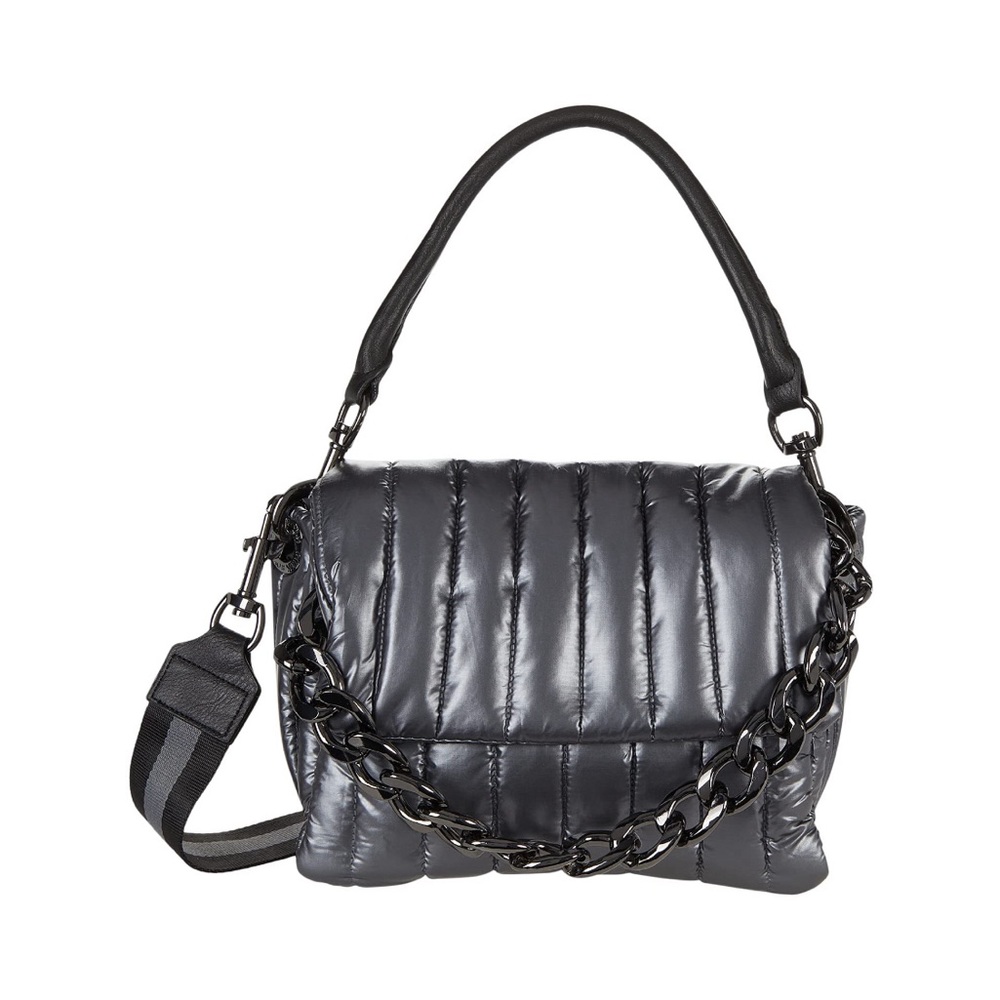 Think Royln bag.  3 straps.  zippered pocket back slip pocket. pearl gray.
